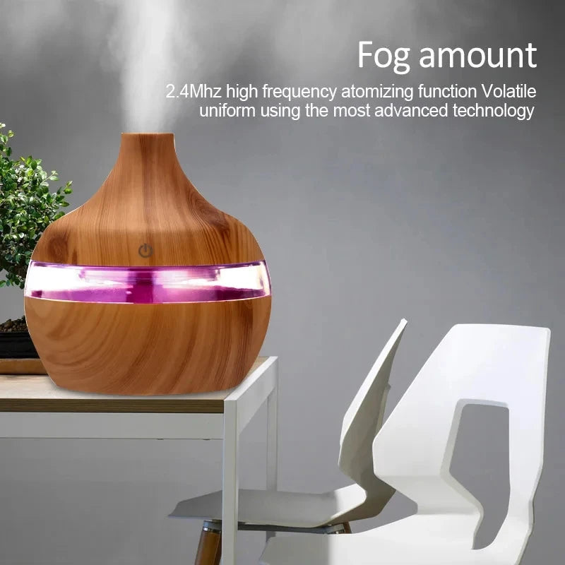 Umidificador Aromatizador Ultrassônico 300ml - Difusor de Óleos Essenciais com Design em Madeira