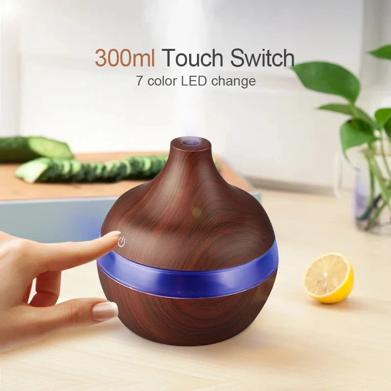 Umidificador Aromatizador Ultrassônico 300ml - Difusor de Óleos Essenciais com Design em Madeira