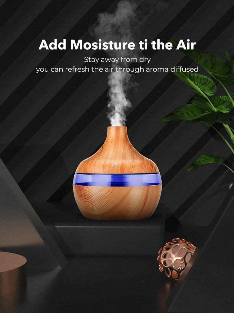 Umidificador Aromatizador Ultrassônico 300ml - Difusor de Óleos Essenciais com Design em Madeira