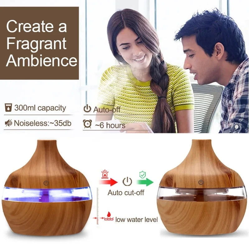 Umidificador Aromatizador Ultrassônico 300ml - Difusor de Óleos Essenciais com Design em Madeira