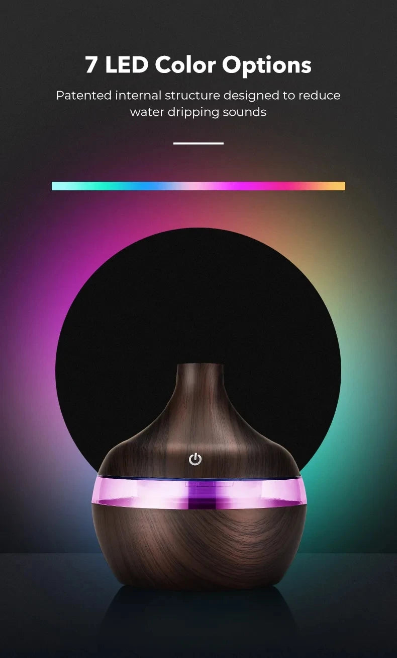 Umidificador Aromatizador Ultrassônico 300ml - Difusor de Óleos Essenciais com Design em Madeira