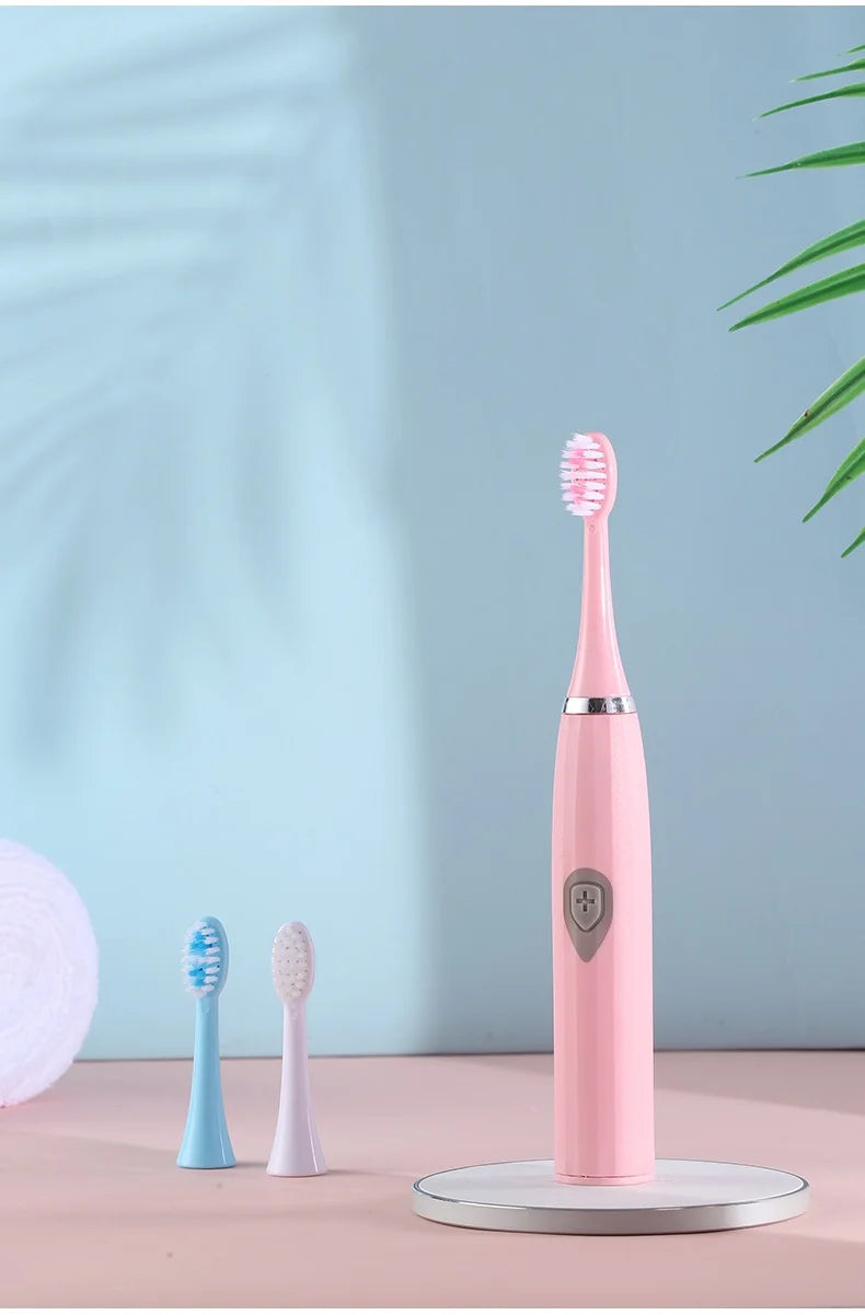 Escova de dentes elétrica branca/rosa, modelo adulto, com cerdas macias, modelo a bateria, conjunto familiar, escova de dentes elétrica