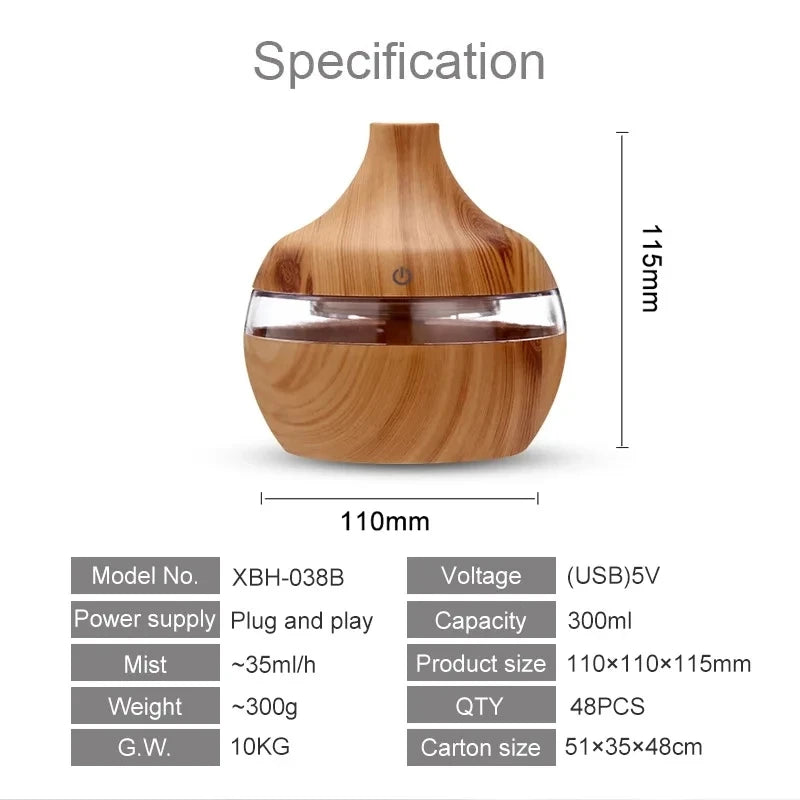 Umidificador Aromatizador Ultrassônico 300ml - Difusor de Óleos Essenciais com Design em Madeira