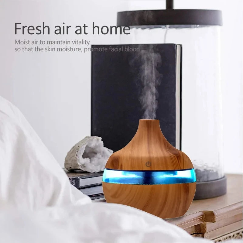 Umidificador Aromatizador Ultrassônico 300ml - Difusor de Óleos Essenciais com Design em Madeira
