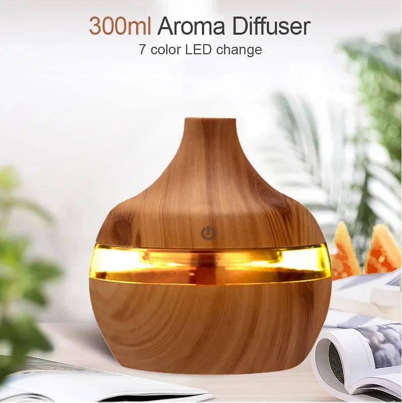 Umidificador Aromatizador Ultrassônico 300ml - Difusor de Óleos Essenciais com Design em Madeira