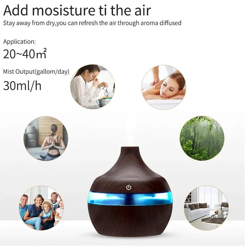 Umidificador Aromatizador Ultrassônico 300ml - Difusor de Óleos Essenciais com Design em Madeira