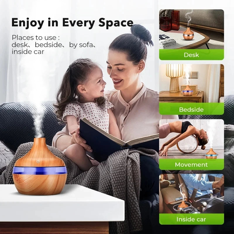 Umidificador Aromatizador Ultrassônico 300ml - Difusor de Óleos Essenciais com Design em Madeira